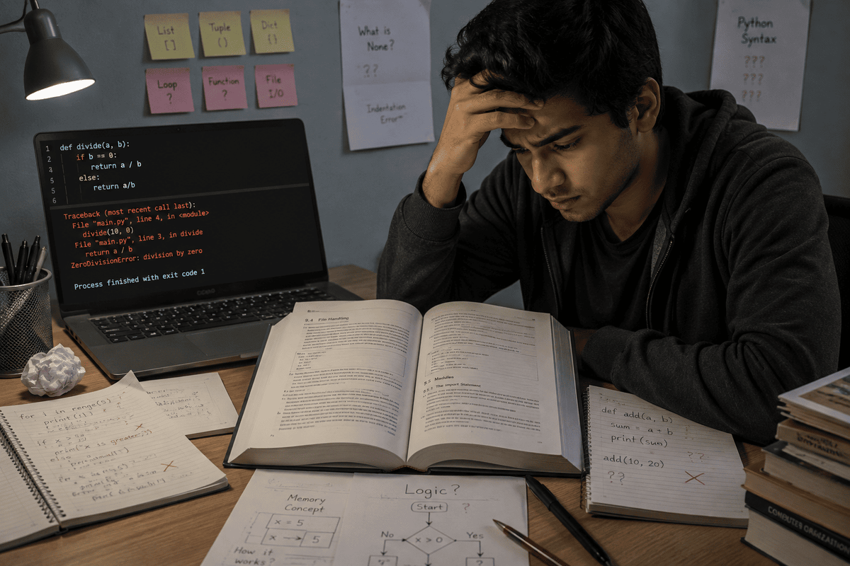 Student struggling with a traditional textbook