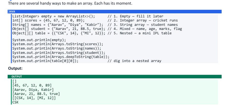 Creating arrays: Aarav, Diya, Kabir and an IPL table